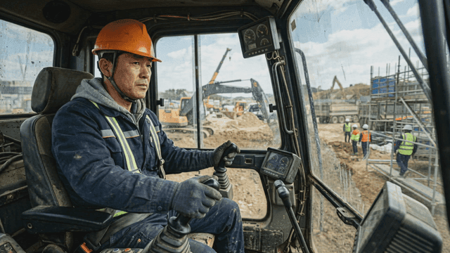 Construction worker operating excavator