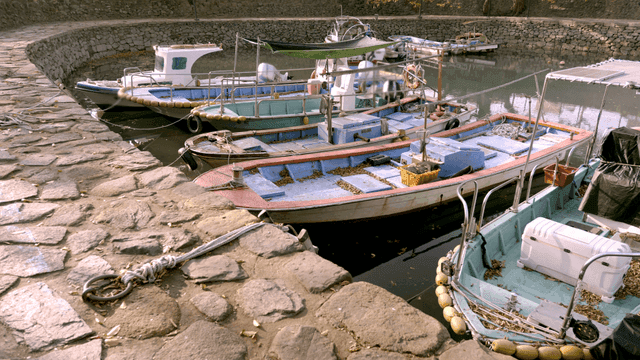 Boats docked in a small stone harbor