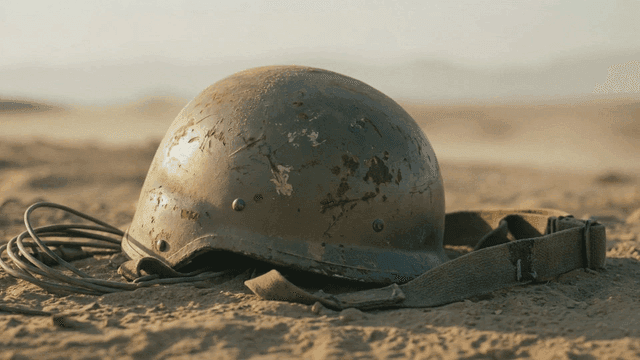 Old military cap lying in sandy desert