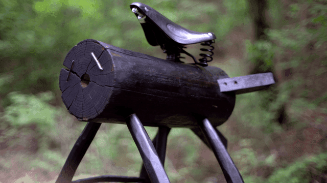 숲속의 자전거 안장이 있는 나무 통나무