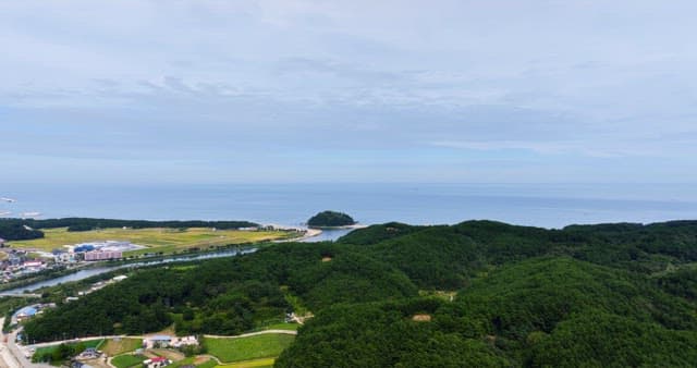 Coastal village with lush green hills