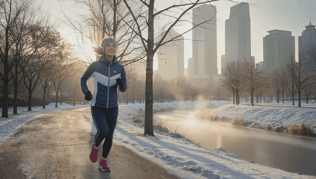 새벽 겨울 공원을 달리는 여성