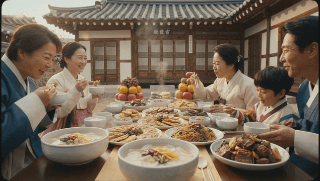 Family eating traditional Korean food