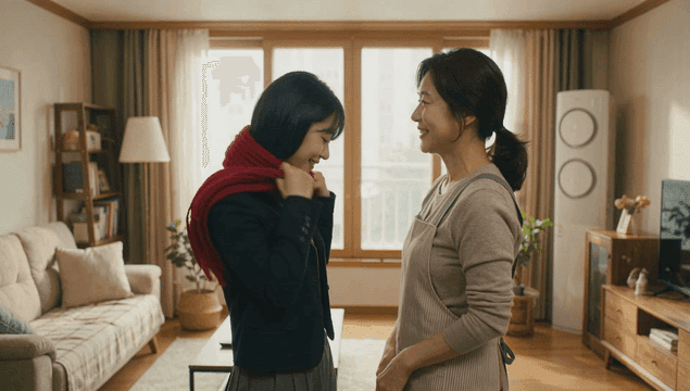 Mother wrapping muffler around her daughter