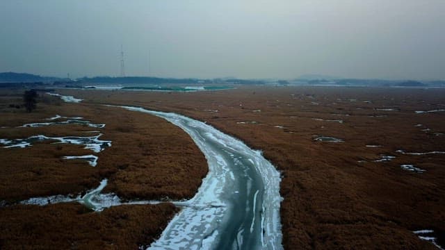 Vast marshland with a frozen river