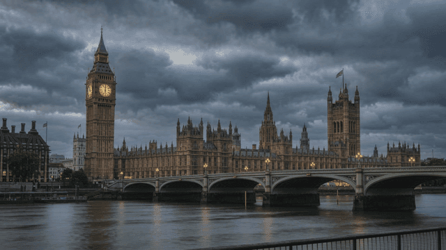 Iconic clock tower and bridge under cloudy sky