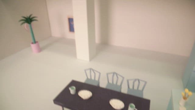 식탁이 있는 하얀 인테리어의 미니멀리스트 주방