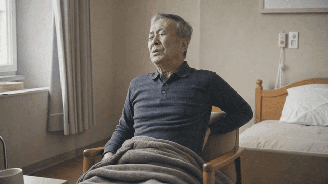 Elderly person experiencing back pain while sitting in chair