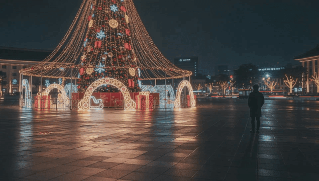 밤에 불이 켜진 큰 크리스마스 트리