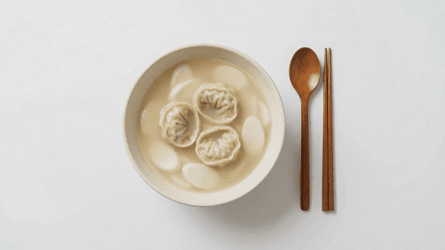 A bowl of tteokguk with dumplings