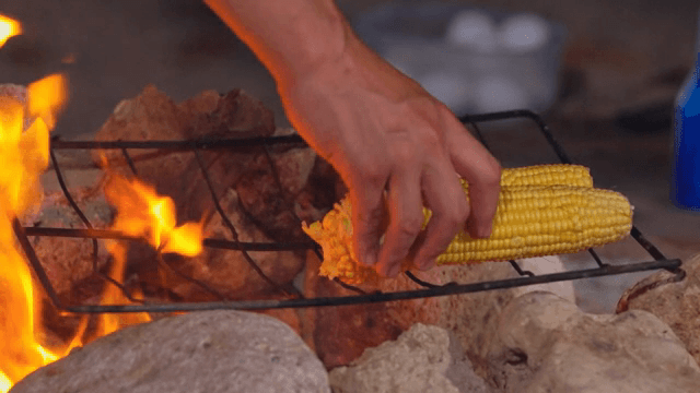 불 위에서 옥수수 굽기