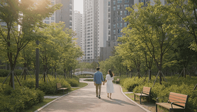 고층 아파트 건물들 사이 공원을 걷는 커플