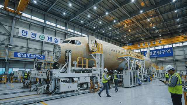 Workers assembling aircraft in factory