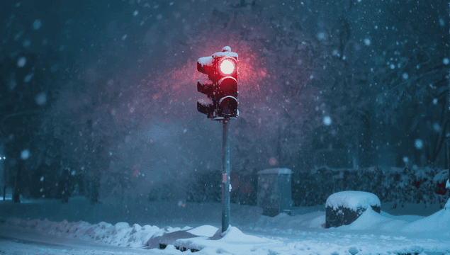 Snowy night with a red traffic light
