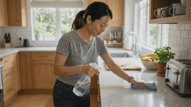 Woman cleaning kitchen countertop