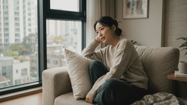 Woman relaxing on sofa by window