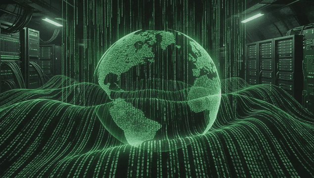 Digital globe with binary code in server room