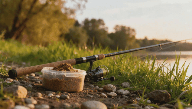 Fishing rod and bait by a tranquil river