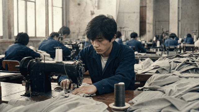 Worker sewing intently in factory in 1970s