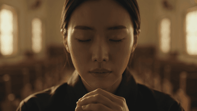 Young woman praying with her hands clasped in earnest