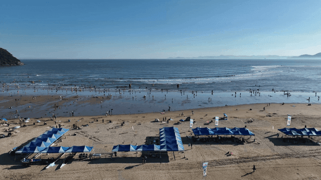 사람들이 바다를 즐기는 붐비는 해변