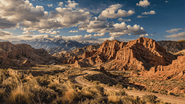 Majestic red rock mountains under cloudy sky