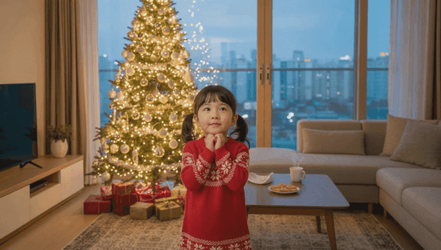 장식된 크리스마스 트리와 여자아이