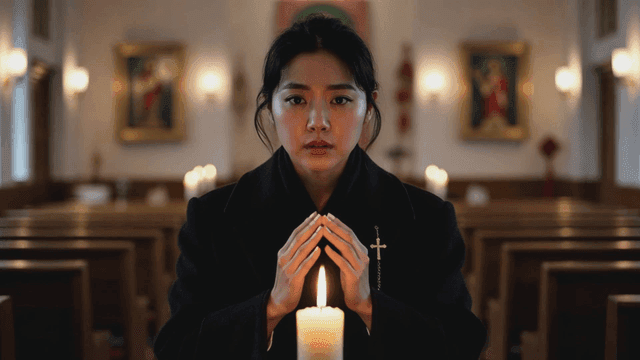 Woman praying in dark church.
