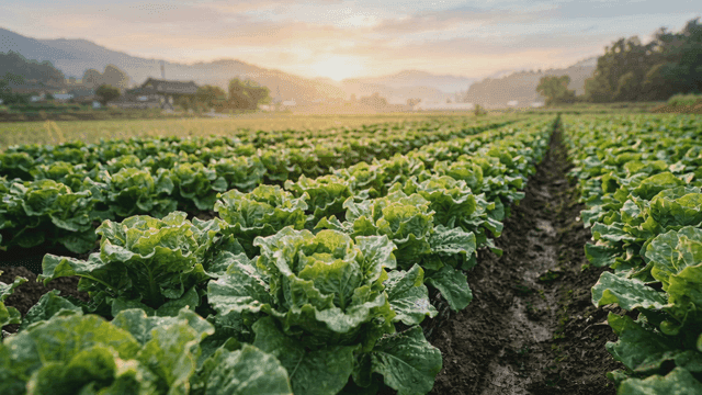 Green cabbage field at sunrise