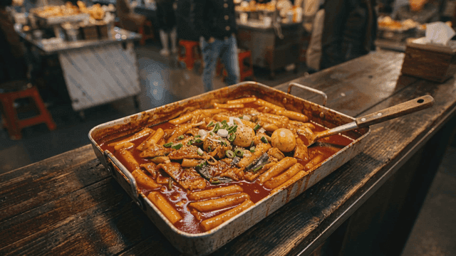 Bustling street market with tteokbokki.