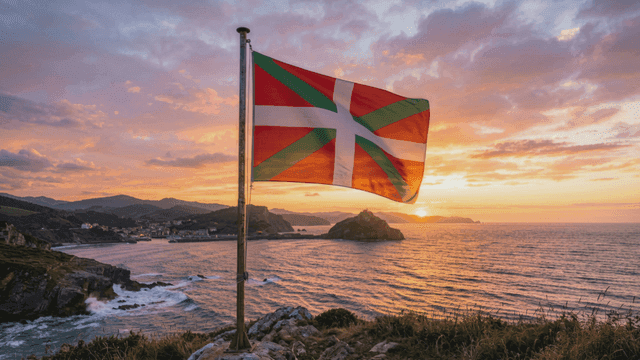 Ikurinya flag fluttering on seashore at sunset