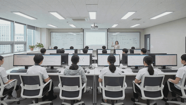 교사와 함께 컴퓨터 실습실에 있는 학생들