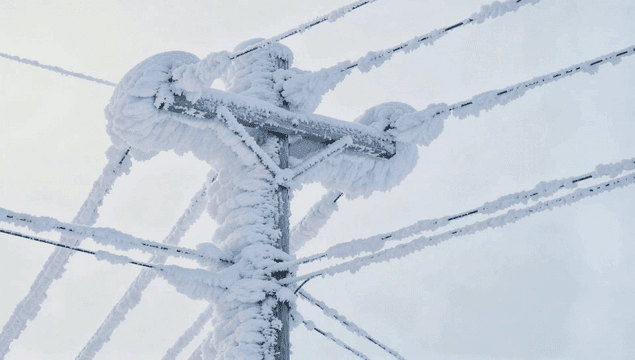눈으로 덮인 전신주와 전선