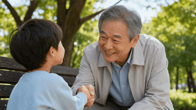 Grandfather and child shaking hands on a bench