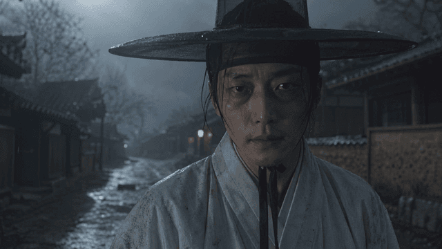 Tired man wearing Hanbok on rainy night