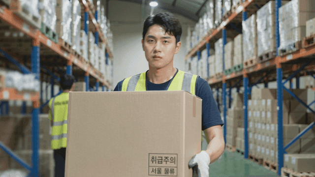 Warehouse worker carrying a large box