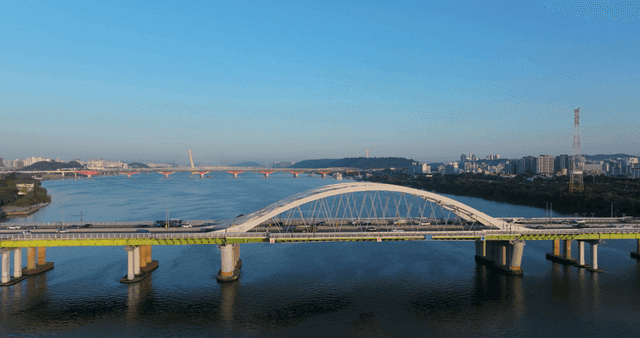City skyline and bridges over river