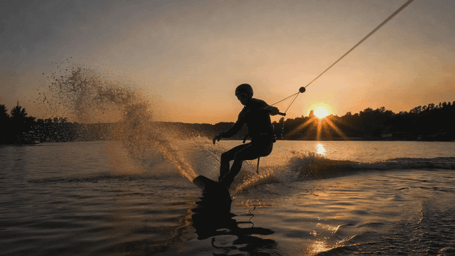 Person wakeboarding at sunset on lake