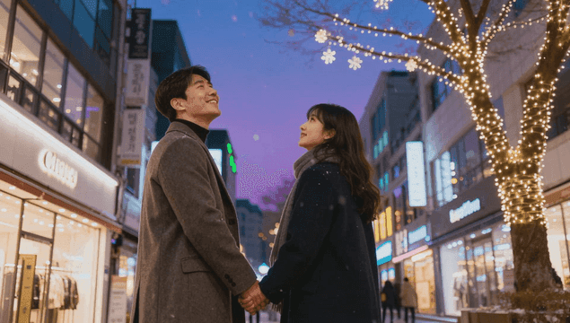 크리스마스 저녁 산책을 즐기는 커플