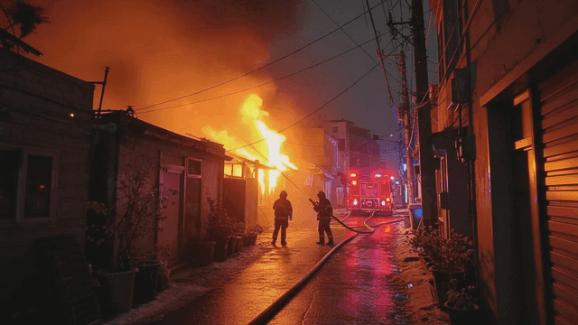 골목에서 화재를 진압하는 소방관들