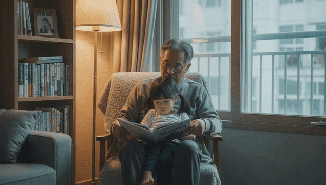 Grandfather and granddaughter reading a fairy tale together on a rocking chair