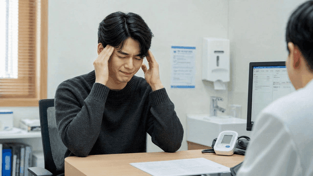 Male patient complaining of headache in doctor's office