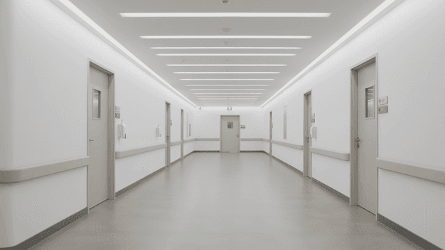 Empty hospital corridor with closed doors