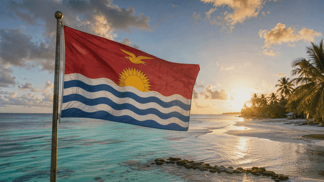 Kiribati flags fluttering at sunset on beach