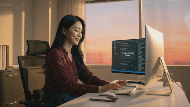Female office worker coding AI Vibe on computer