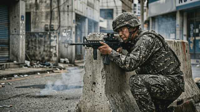 Soldier in urban combat setting