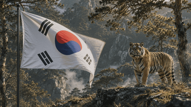 한국 국기 옆에 서 있는 호랑이