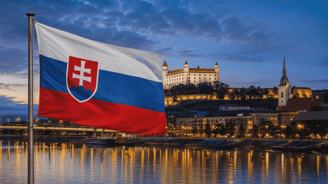 Night view with Slovak flag and castle