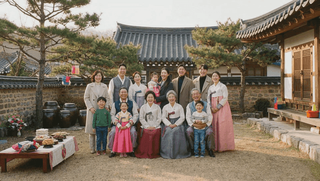 Family gathering in traditional Korean house during holidays