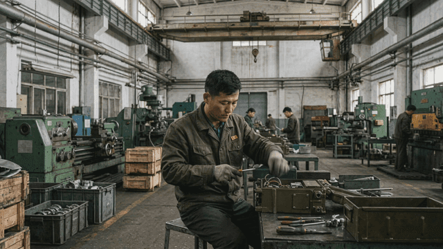 North Korean workers assembling machines in factory